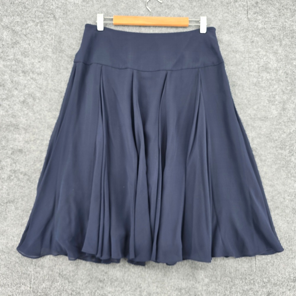 Lauren Ralph Lauren Navy Blue 100% Silk Pleated Midi Skirt Size 8 Side Zip